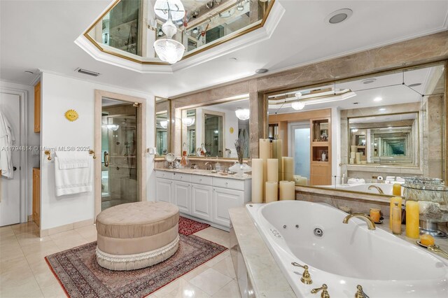 445 Grand Bay Dr Unit 1001, Key Biscayne, FL 33149 - bathroom featuring a shower stall, crown molding, a jetted tub, tile patterned flooring, and vanity