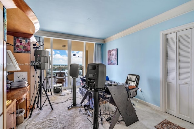445 Grand Bay Dr Unit 1001, Key Biscayne, FL 33149 - home office featuring crown molding, light carpet, and baseboards