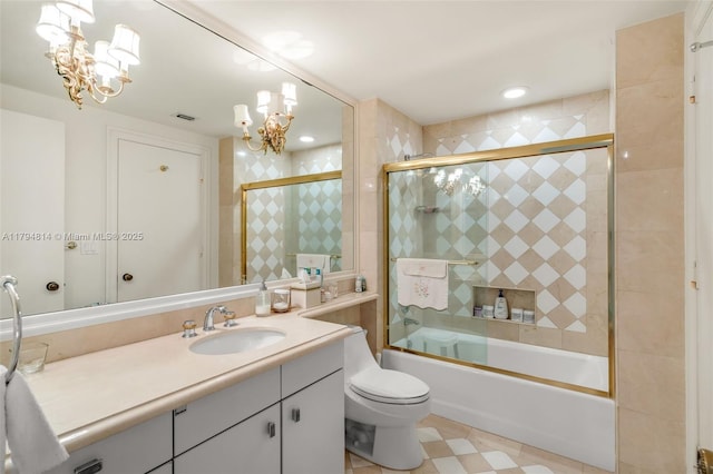445 Grand Bay Dr Unit 1001, Key Biscayne, FL 33149 - bathroom featuring a chandelier, enclosed tub / shower combo, vanity, and toilet