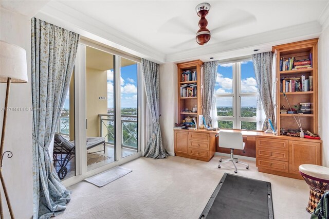 445 Grand Bay Dr Unit 1001, Key Biscayne, FL 33149 - office space featuring built in desk, carpet floors, ceiling fan, and crown molding