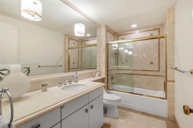 445 Grand Bay Dr Unit 1001, Key Biscayne, FL 33149 - bathroom with vanity, enclosed tub / shower combo, toilet, recessed lighting, and tile patterned flooring