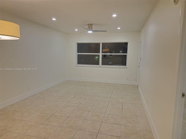 empty room featuring recessed lighting, baseboards, ceiling fan, and light tile patterned flooring