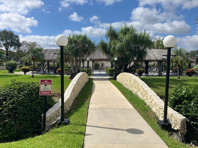 view of community featuring a lawn and a gazebo