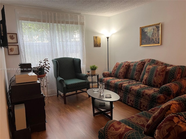 living area featuring a textured ceiling and wood finished floors