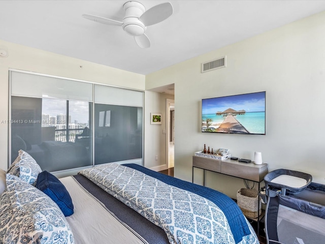 bedroom featuring a ceiling fan and visible vents