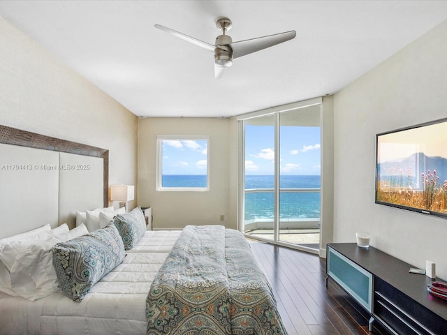 17875 Collins Ave Unit 1605, Sunny Isles Beach, FL 33160 - bedroom with access to outside, expansive windows, dark wood-style floors, and ceiling fan