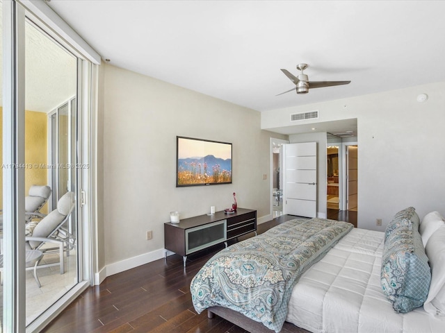 bedroom featuring ceiling fan, visible vents, wood finished floors, baseboards, and access to outside