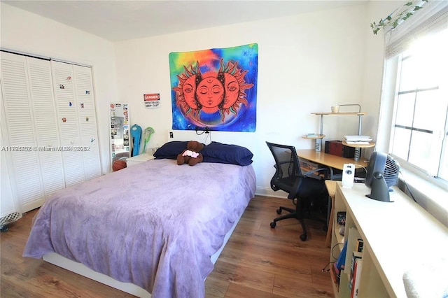 bedroom with a closet, wood finished floors, and multiple windows