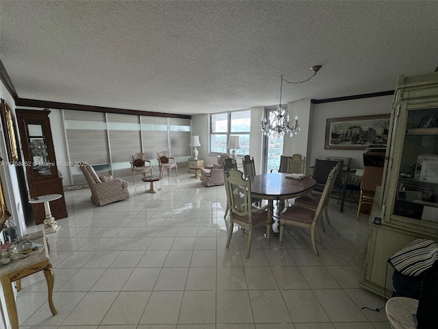 dining space featuring an inviting chandelier, light tile patterned floors, crown molding, and a textured ceiling