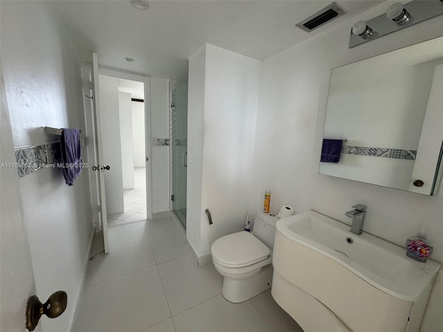 full bath featuring visible vents, tile patterned flooring, vanity, toilet, and a stall shower