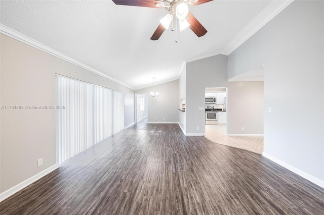 unfurnished living room with baseboards, dark wood-type flooring, lofted ceiling, and ceiling fan with notable chandelier