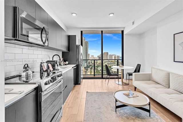 kitchen featuring a wall of windows, light wood-style floors, light countertops, a sink, and appliances with stainless steel finishes