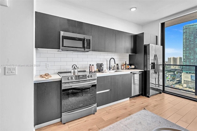 kitchen featuring a wall of windows, tasteful backsplash, a sink, stainless steel appliances, and light wood-type flooring