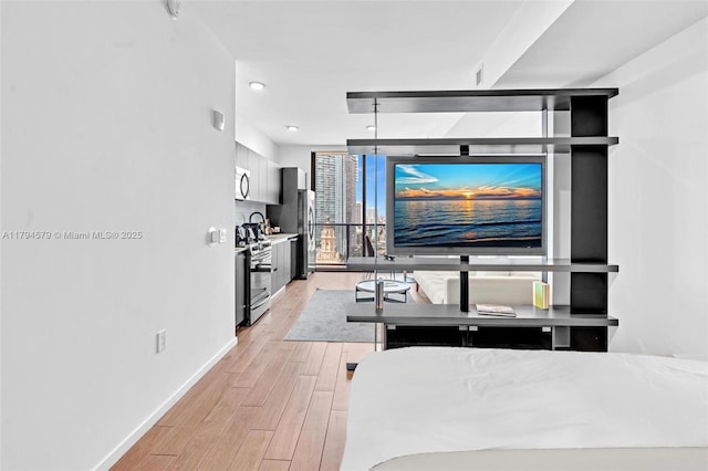 interior space with light wood-style floors, baseboards, and a wall of windows