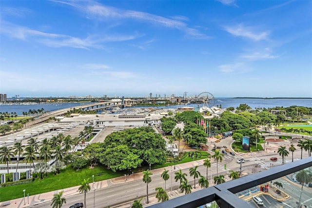 drone / aerial view with a city view and a water view