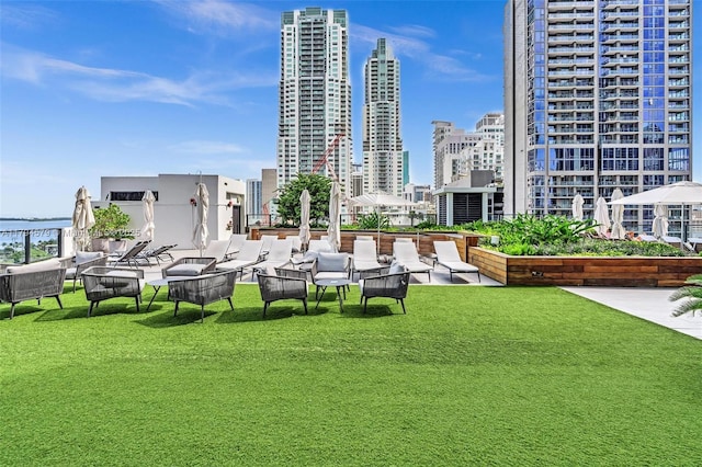 view of property's community featuring a view of city and a yard