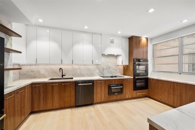 kitchen with open shelves, a sink, white cabinetry, modern cabinets, and black appliances