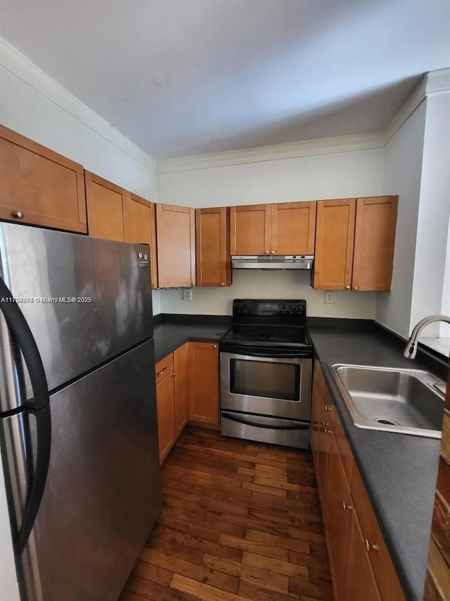 kitchen with dark countertops, a sink, stainless steel appliances, dark wood-type flooring, and under cabinet range hood