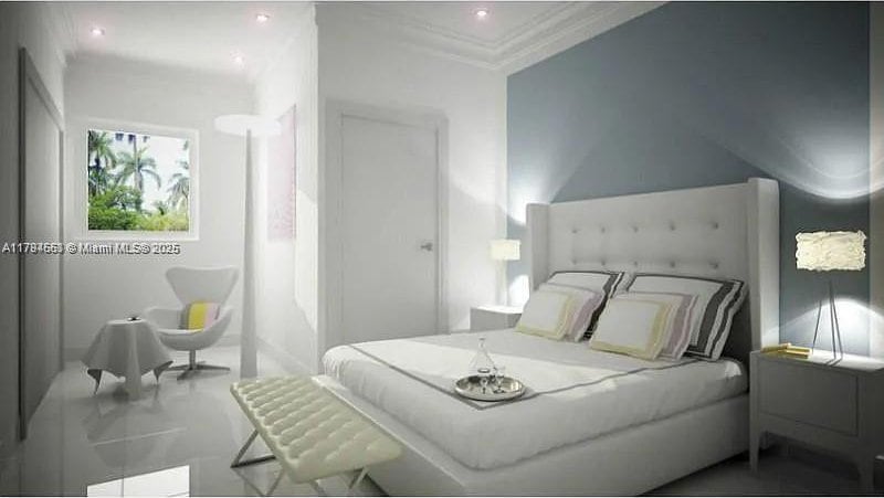 bedroom featuring crown molding and recessed lighting