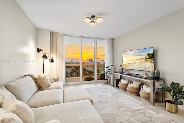 living room with a wall of windows