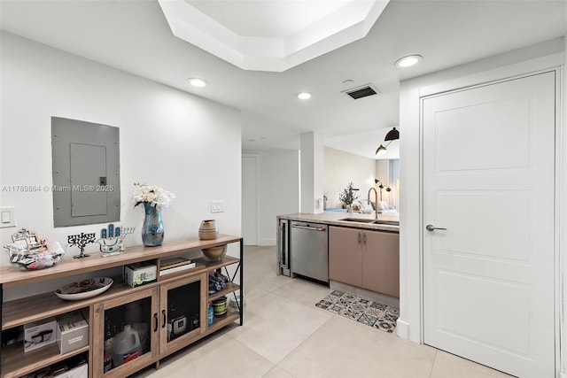 bathroom with vanity, tile patterned floors, recessed lighting, visible vents, and electric panel