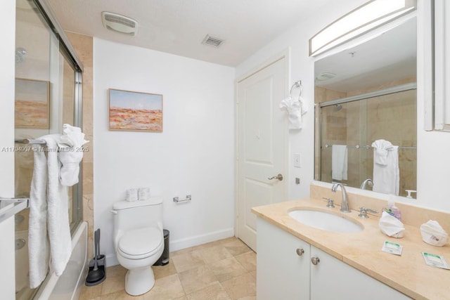 full bath featuring vanity, baseboards, visible vents, and toilet