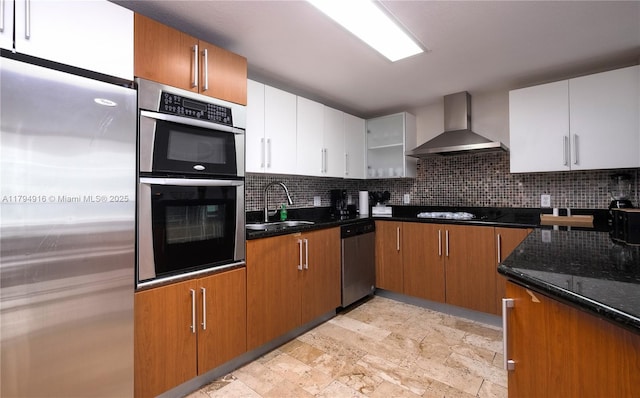 170 SE 14th St Unit 2708, Miami, FL 33131 - kitchen featuring wall chimney range hood, appliances with stainless steel finishes, backsplash, and a sink