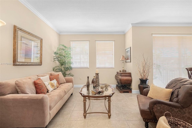 living room featuring baseboards, ornamental molding, and light tile patterned flooring