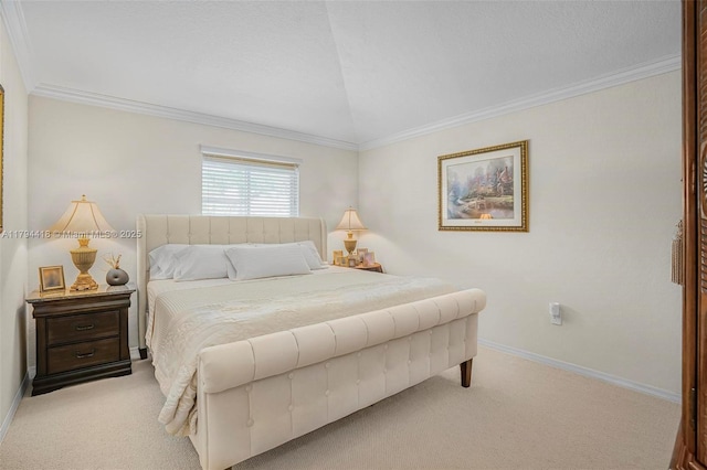 bedroom featuring crown molding, baseboards, vaulted ceiling, and light carpet