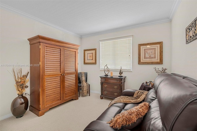 living room with baseboards, light colored carpet, and ornamental molding