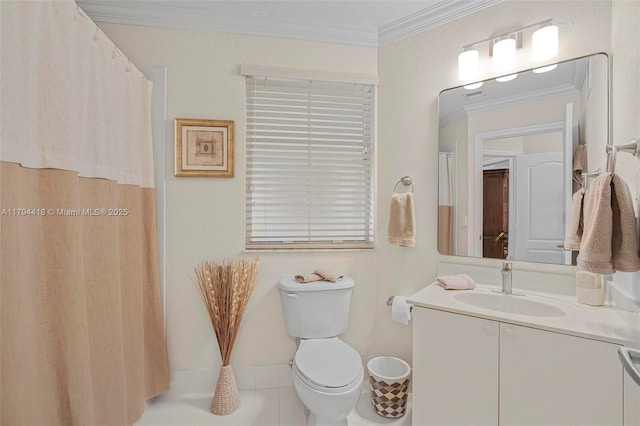 full bathroom with crown molding, tile patterned flooring, vanity, curtained shower, and toilet