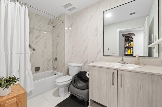 full bath with tile walls, shower / tub combo, toilet, and visible vents