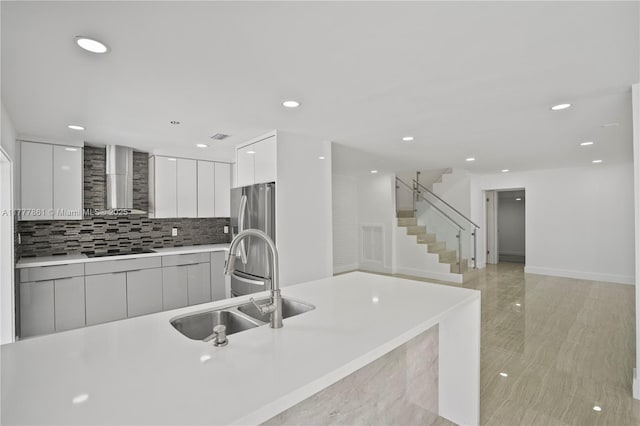 12894 SW 60th Ter, Miami, FL 33183 - kitchen with modern cabinets, freestanding refrigerator, wall chimney exhaust hood, and white cabinets