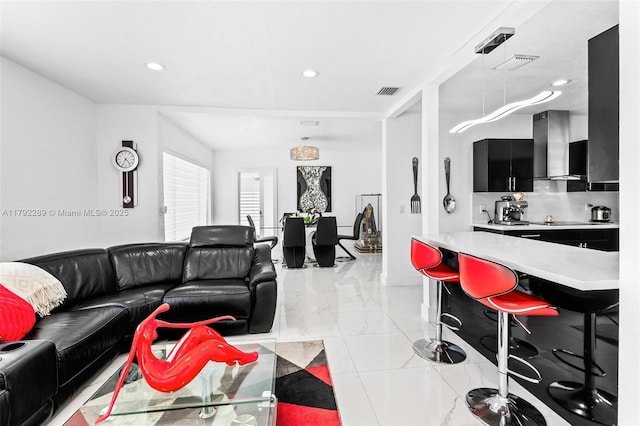 9365 SW 44th St, Miami, FL 33165 - living room featuring marble finish floor, recessed lighting, and visible vents