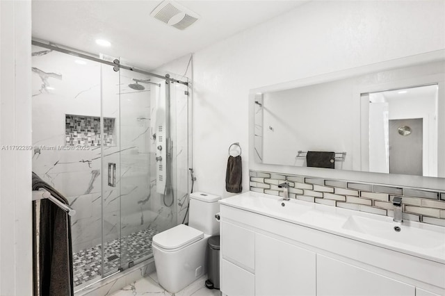 9365 SW 44th St, Miami, FL 33165 - bathroom featuring visible vents, marble finish floor, toilet, a sink, and a marble finish shower