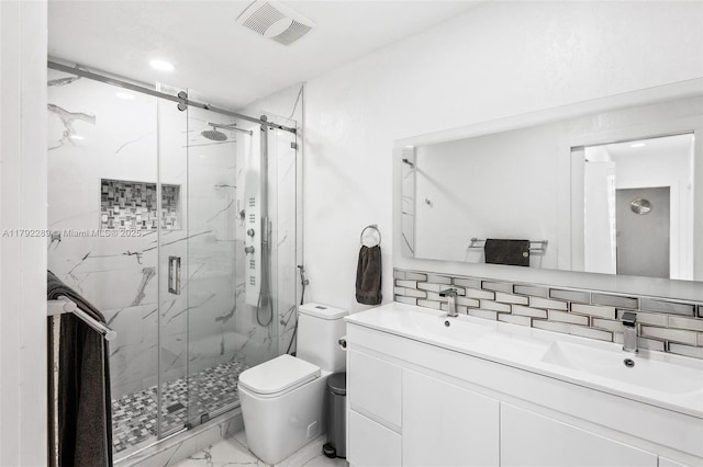 9365 SW 44th St, Miami, FL 33165 - full bathroom featuring visible vents, marble finish floor, toilet, a sink, and a marble finish shower