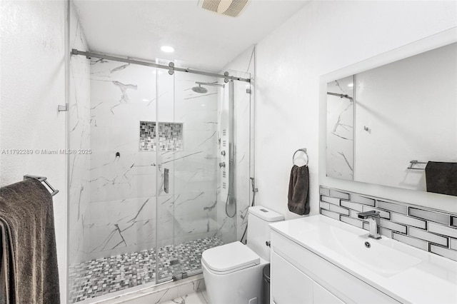 9365 SW 44th St, Miami, FL 33165 - bathroom featuring a marble finish shower, decorative backsplash, toilet, and visible vents