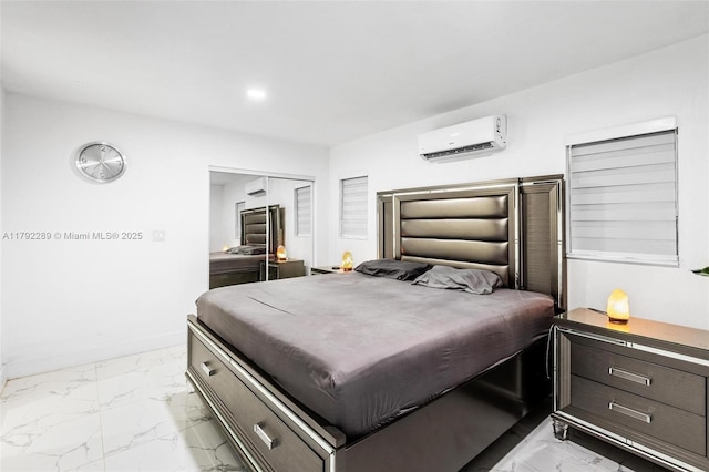 9365 SW 44th St, Miami, FL 33165 - bedroom with a closet, baseboards, marble finish floor, and a wall mounted air conditioner