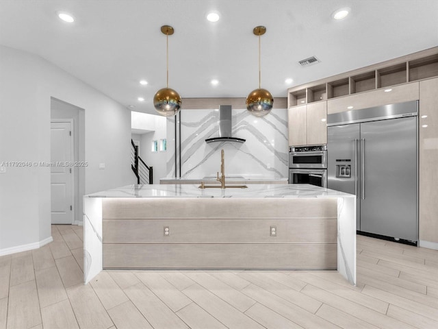 4317 Ficus St, Hollywood, FL 33021 - kitchen with wall chimney range hood, visible vents, appliances with stainless steel finishes, open shelves, and light stone counters