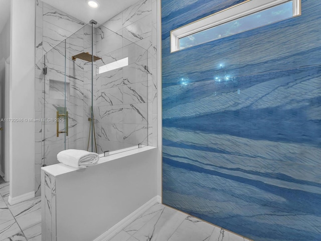 bathroom with recessed lighting, baseboards, a marble finish shower, and marble finish floor