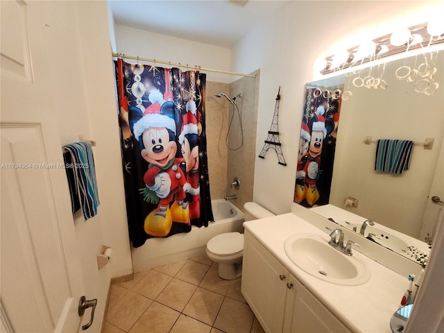 bathroom with shower / bath combo with shower curtain, toilet, visible vents, tile patterned flooring, and vanity