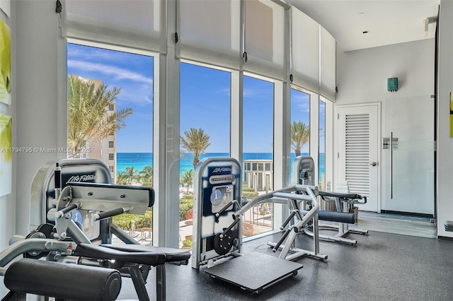 gym with a water view