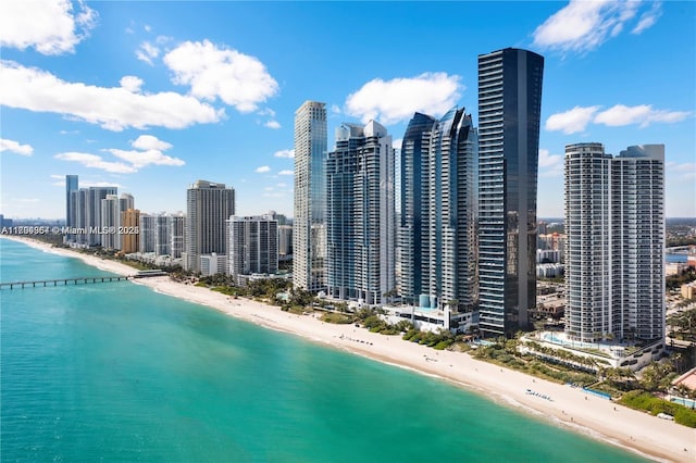aerial view featuring a view of the beach, a city view, and a water view