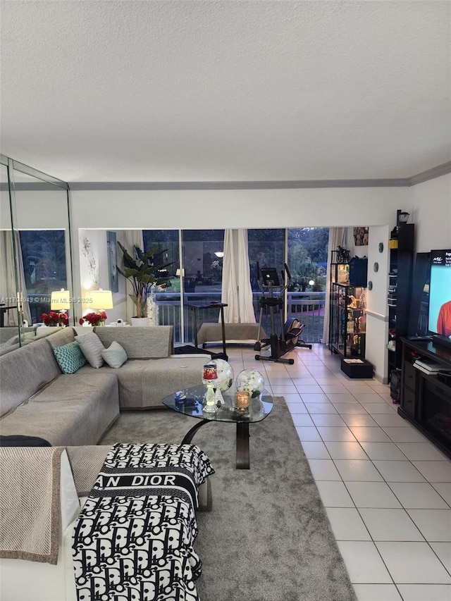 living area featuring tile patterned floors