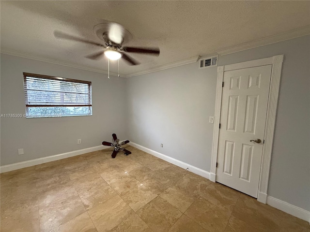 empty room featuring visible vents, crown molding, baseboards, and ceiling fan