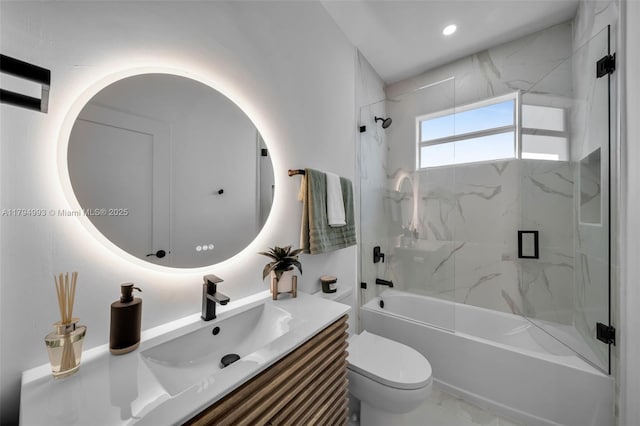 bathroom with vanity, bathing tub / shower combination, toilet, recessed lighting, and a wall unit AC