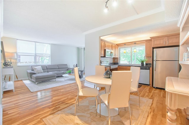 dining space featuring crown molding, a healthy amount of sunlight, and light wood-style flooring