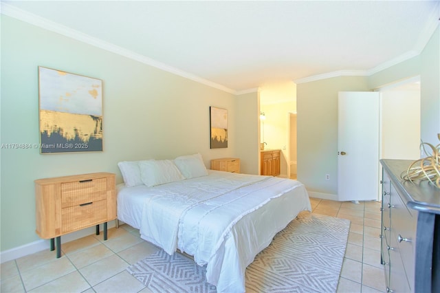 bedroom featuring light tile patterned floors, baseboards, ornamental molding, and connected bathroom