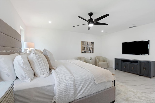 bedroom featuring recessed lighting, ceiling fan, visible vents, and marble finish floor