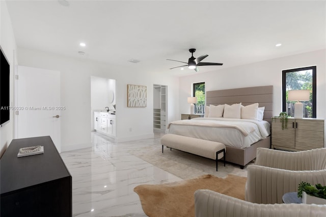 bedroom featuring baseboards, visible vents, recessed lighting, and marble finish floor